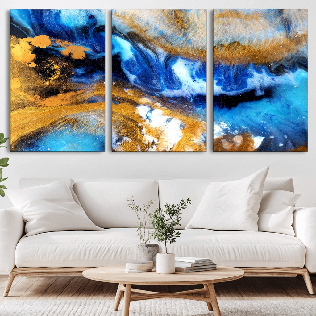 Blue Orange Marble Fluid Effect Canvas Wall Art Print