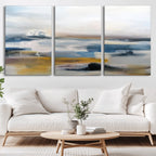 Abstract Landscape Wall Art Canvas | 3 Panel Modern Blue, Gold and White Canvas Art