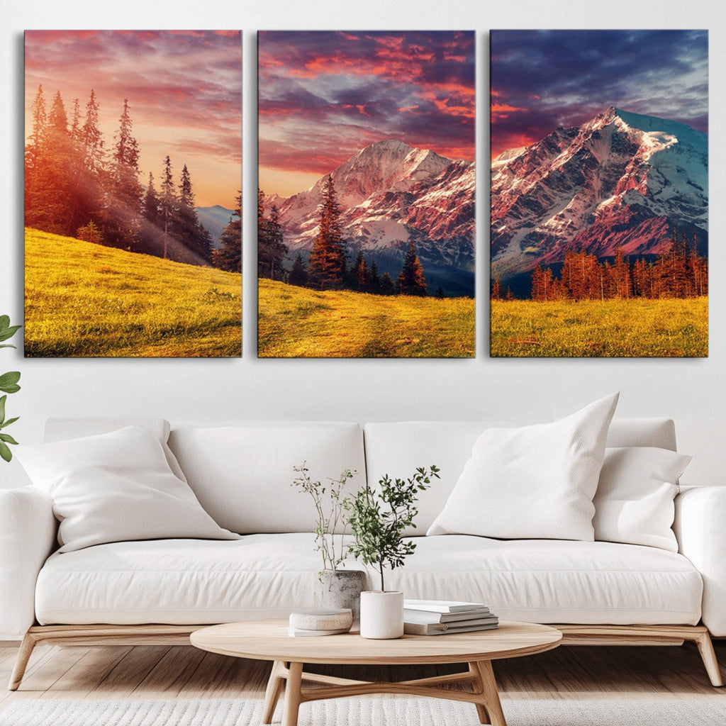 Mountain and Daylight Red Sunset Wall Art Canvas Print