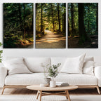Sunlit Forest Pathway Canvas Print | 3 Panel Large Nature Wall Art