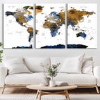 Modern Abstract World Map Canvas Wall Art | Framed Blue and Gold Map Print