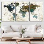 Vintage World Map Wall Art Canvas Print, Framed Rustic Earth Tone Map