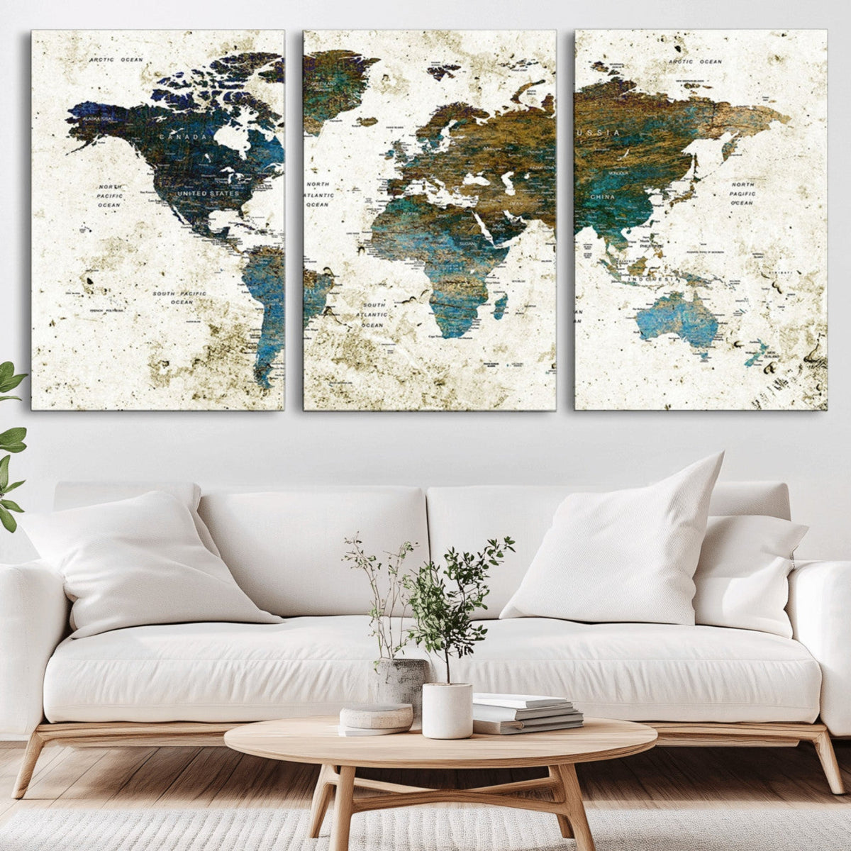 Vintage World Map Wall Art Canvas Print, Framed Rustic Earth Tone Map