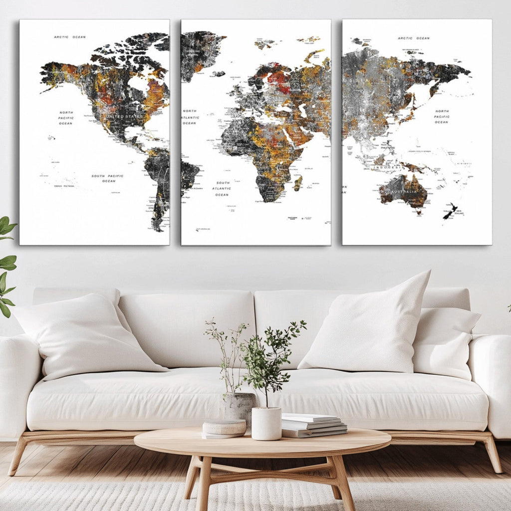 Modern Metallic World Map Canvas Wall Art | Framed Contemporary World Map Print