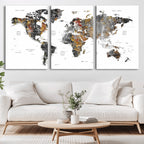 Modern Metallic World Map Canvas Wall Art | Framed Contemporary World Map Print