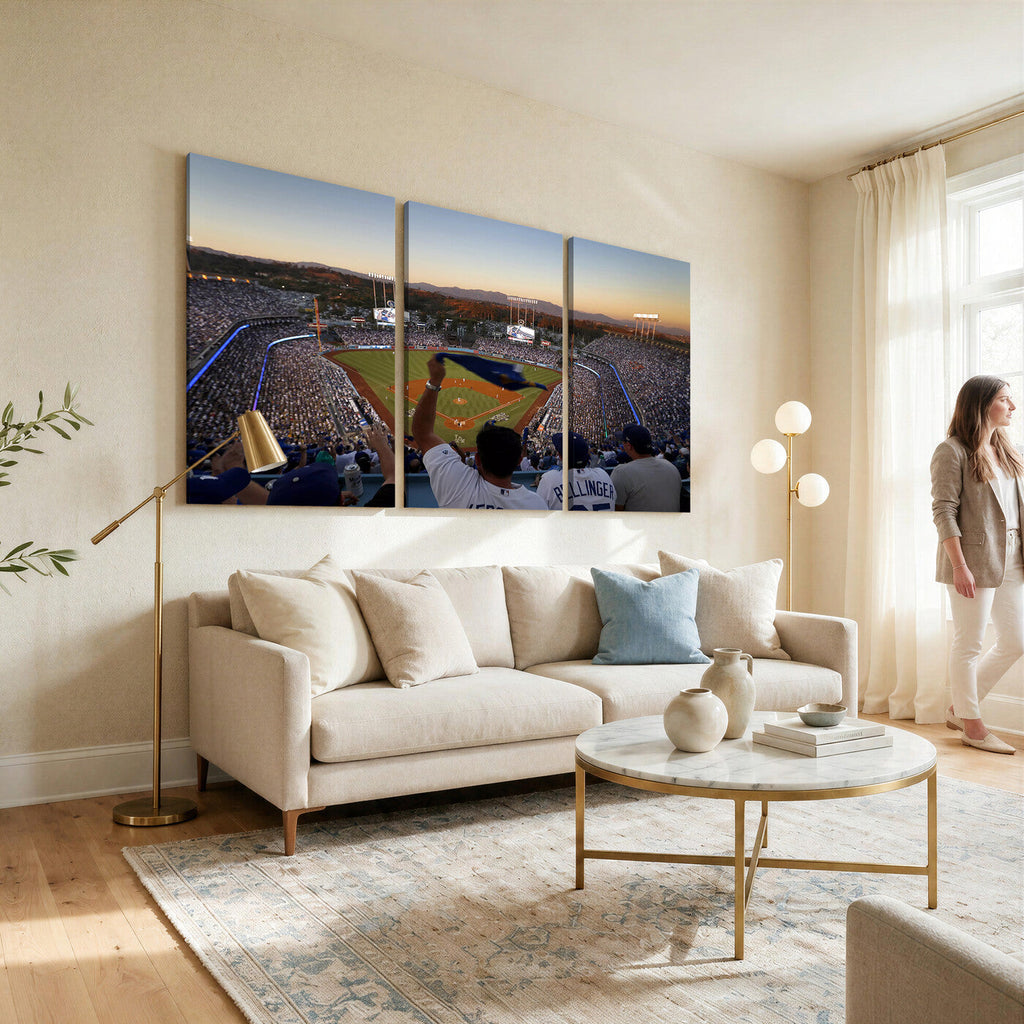 Dodger Stadium Sunset Game Triple Canvas Wall Art, Los Angeles Dodgers MLB Match