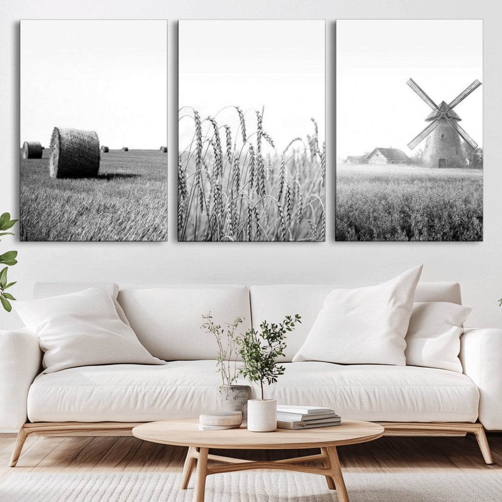 Vintage Farmhouse Black and White Triptych Wall Art, Giclee Canvas with Wheat Fields, Hay Bales and Windmill