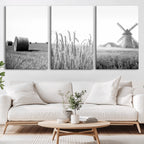 Vintage Farmhouse Black and White Triptych Wall Art, Giclee Canvas with Wheat Fields, Hay Bales and Windmill