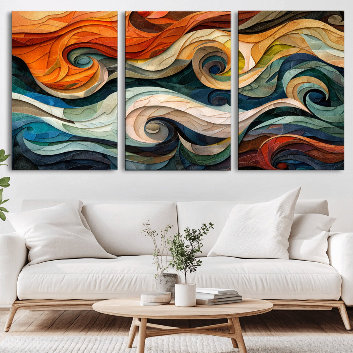 Abstract Wave Wall Art, Ready to Hang Framed Canvas Print | Extra Large 3 Piece Canvas Wall Art