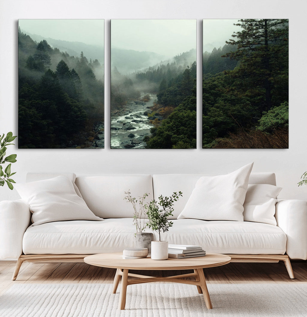 Misty Forest Wall Art, Tranquil Nature Landscape, Ready to Hang | Extra Large 3 Piece Canvas Wall Art