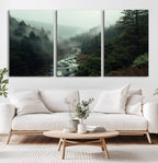 Misty Forest Wall Art, Tranquil Nature Landscape, Ready to Hang | Extra Large 3 Piece Canvas Wall Art
