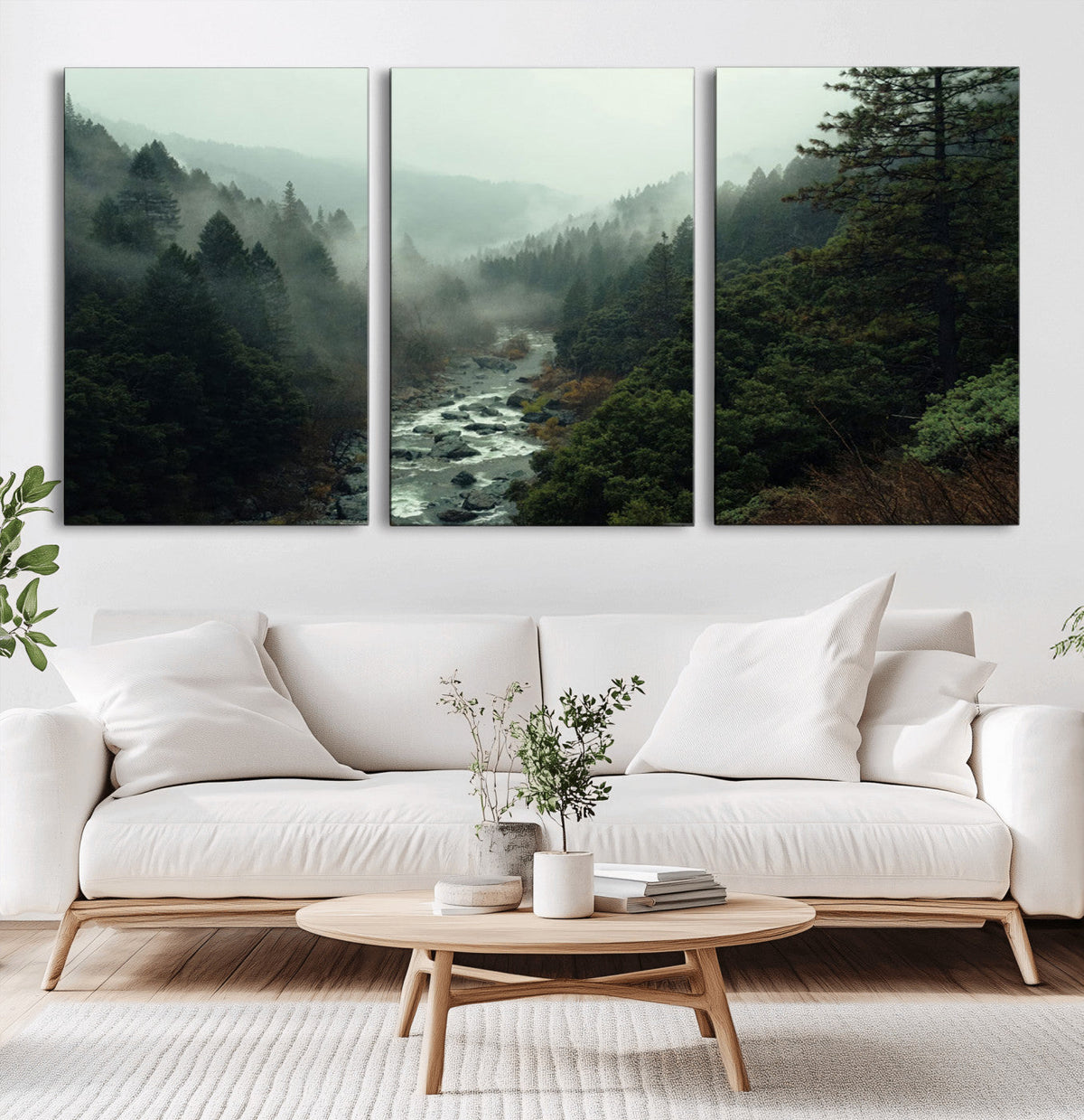Misty Forest Wall Art, Tranquil Nature Landscape, Ready to Hang | Extra Large 3 Piece Canvas Wall Art