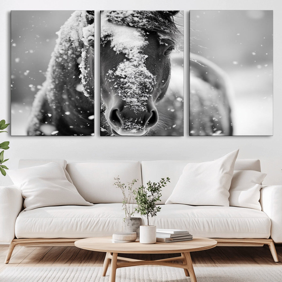 Black and White Horse Winter Wall Art, Ready to Hang