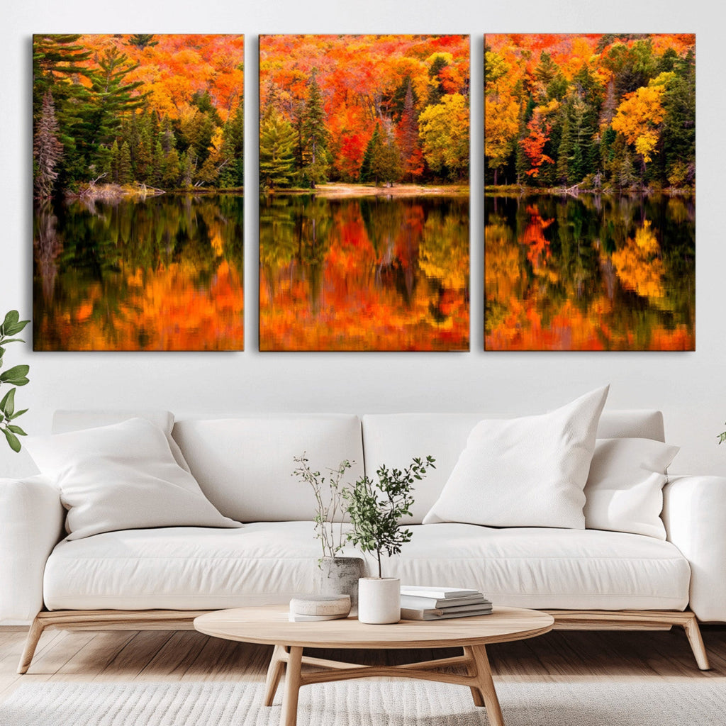 Forest Reflection Art | Autumn Forest Reflection Wall Art | Triptych Canvas Print