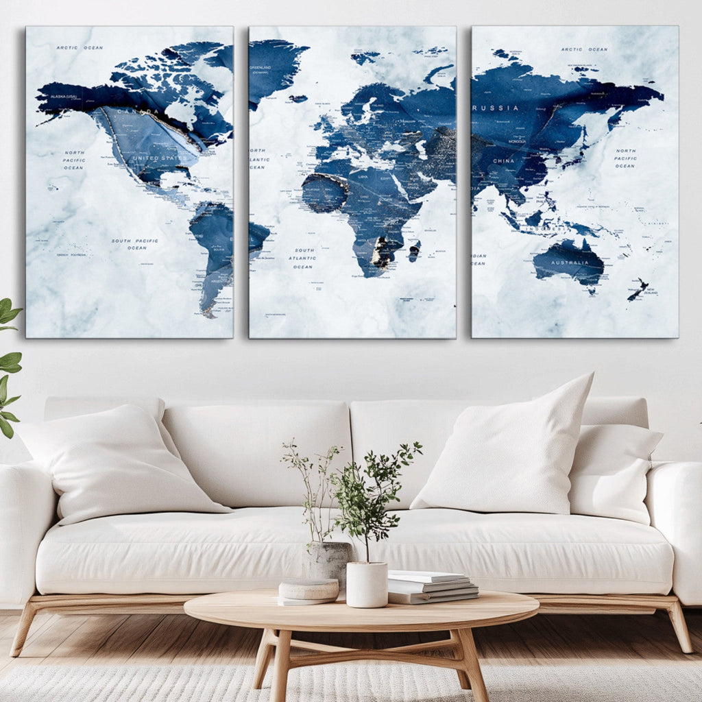 Modern Blue World Map Canvas Print | Elegant Travel Map Wall Art for Home Office