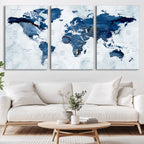 Modern Blue World Map Canvas Print | Elegant Travel Map Wall Art for Home Office