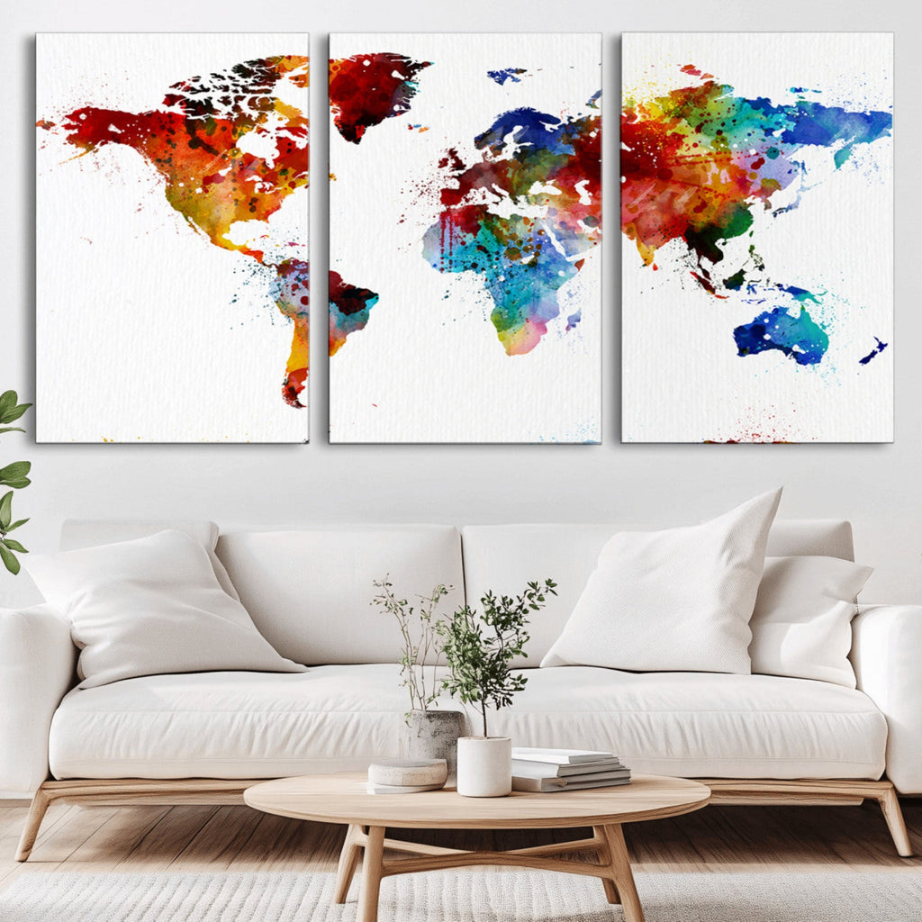 Colorful World Map Canvas Wall Art Print, Contemporary Global Map Artwork