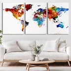 Colorful World Map Canvas Wall Art Print, Contemporary Global Map Artwork