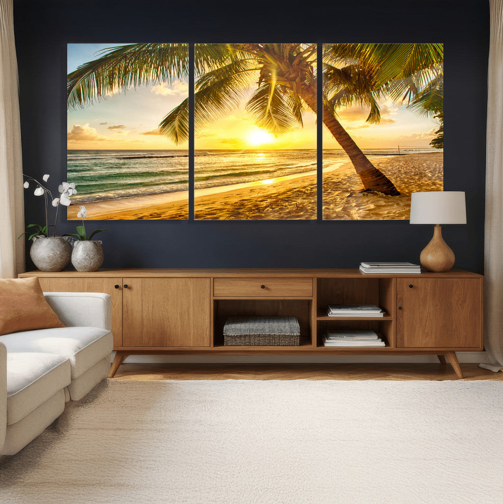 Beach Sunset Canvas Wall Art Print - Tropical Beach Canvas With Palm Trees