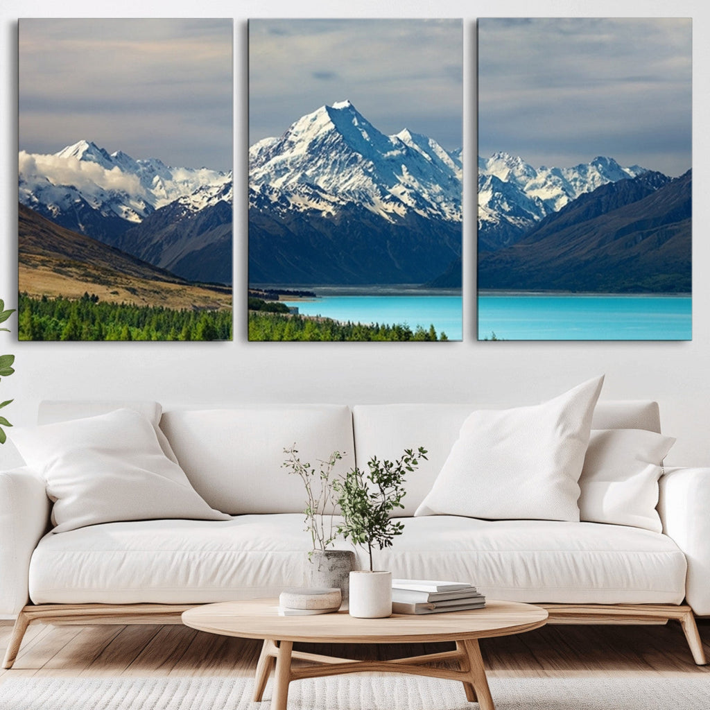 Mount Cook and Lake Pukaki Canvas Wall Art Print | Majestic Snow Capped Peaks
