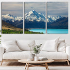 Mount Cook and Lake Pukaki Canvas Wall Art Print | Majestic Snow Capped Peaks