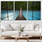 Suspension Bridge Over River Canvas Art | 3-Panel Nature Wall Art