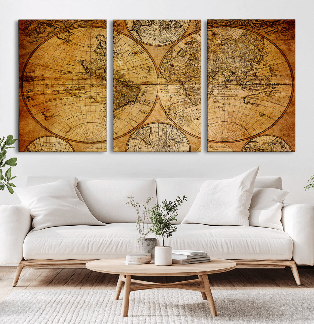 Vintage World Map Canvas Print | Antique Push Pin Travel Map