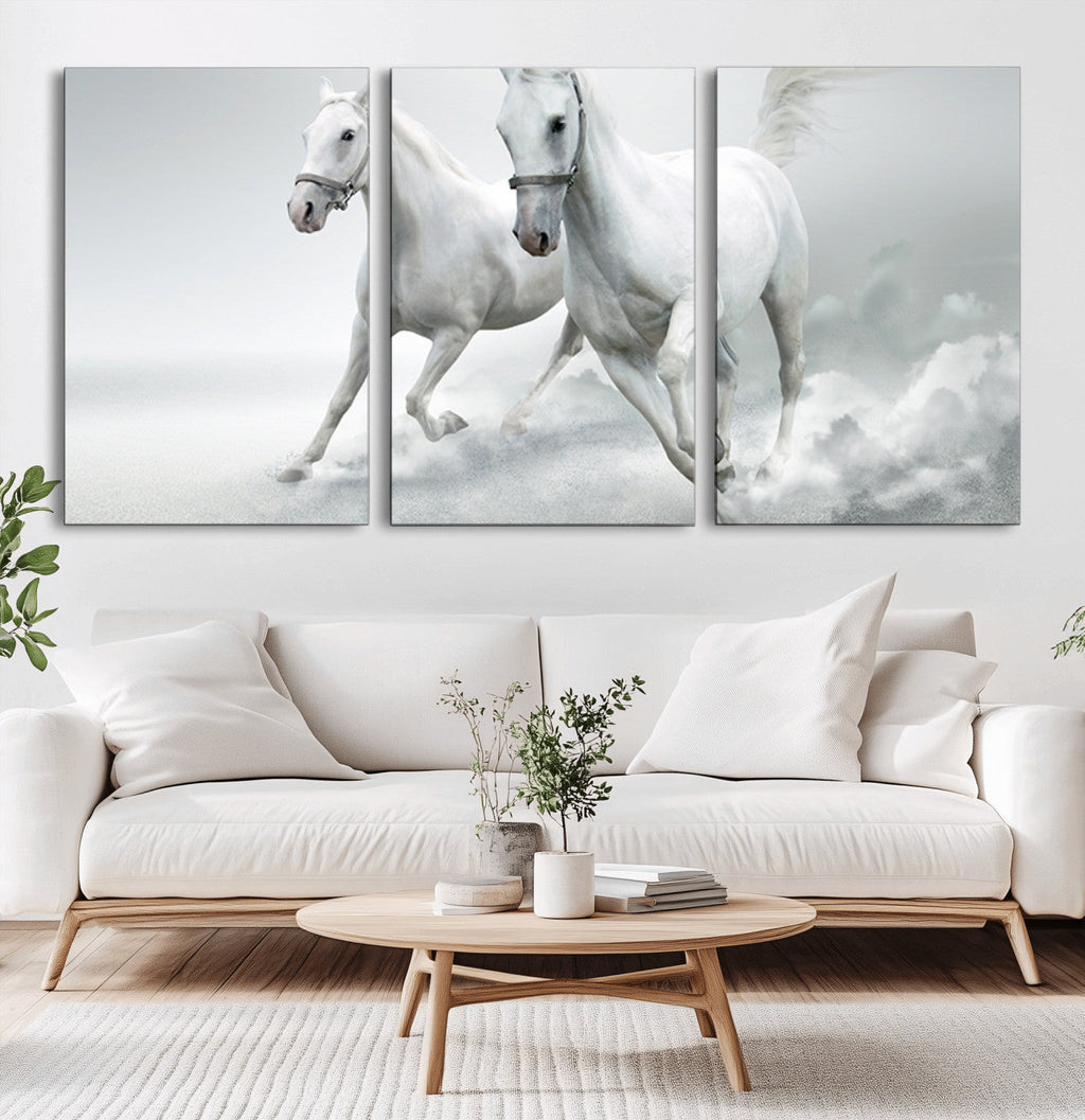 Large Wall Art Canvas Print, Beautiful Running White Horses