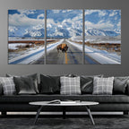 Bison Wall Art | Snowy Road Wall Art | Framed Mountain Landscape Canvas
