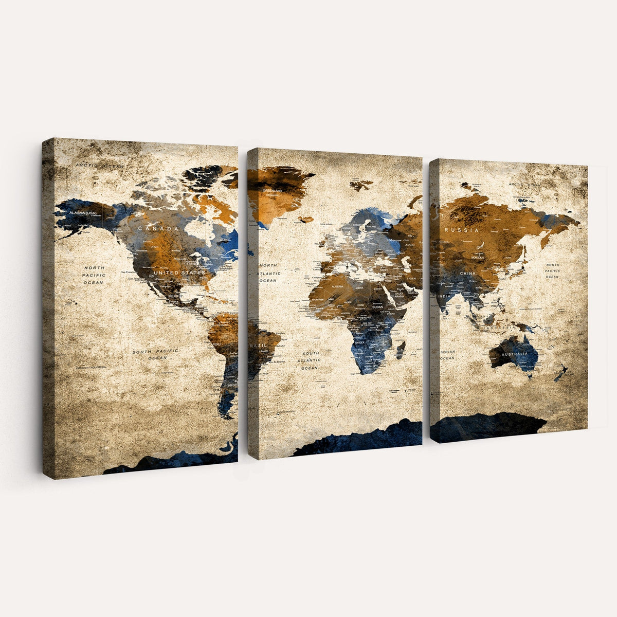 World Map Wall Art | Antique Style Blue and Brown Map Canvas Print