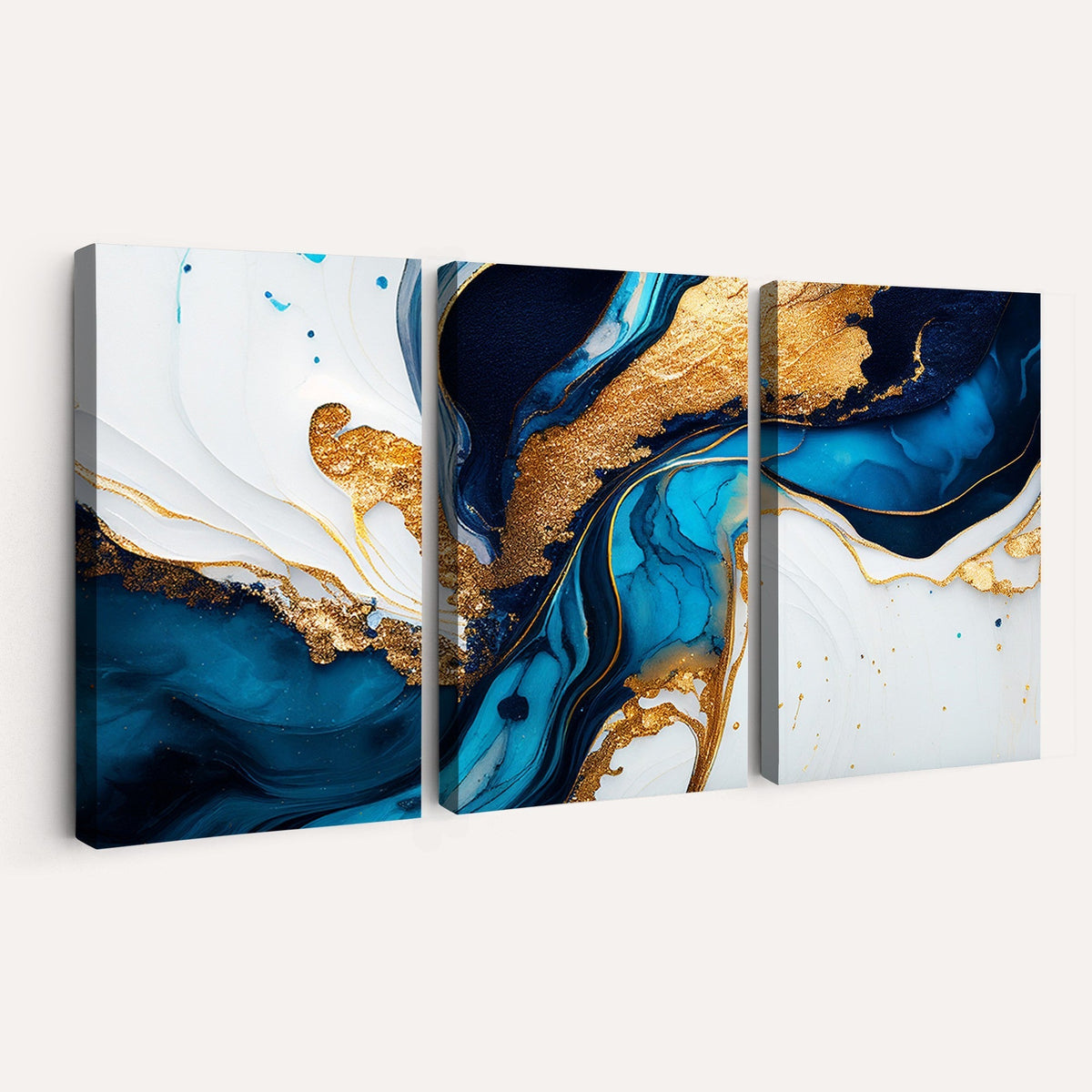 Gold Blue Abstract Canvas Print, Elegant Navy and Gold Marble Flow