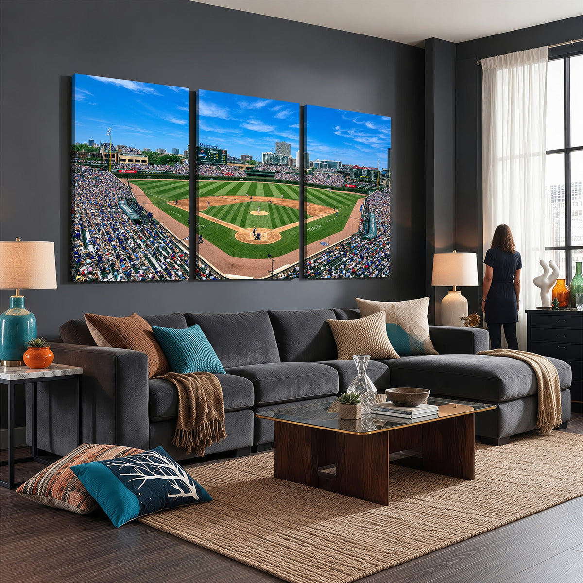 Wrigley Field Baseball Stadium Canvas Wall Art, Packed Crowd and Chicago Skyline