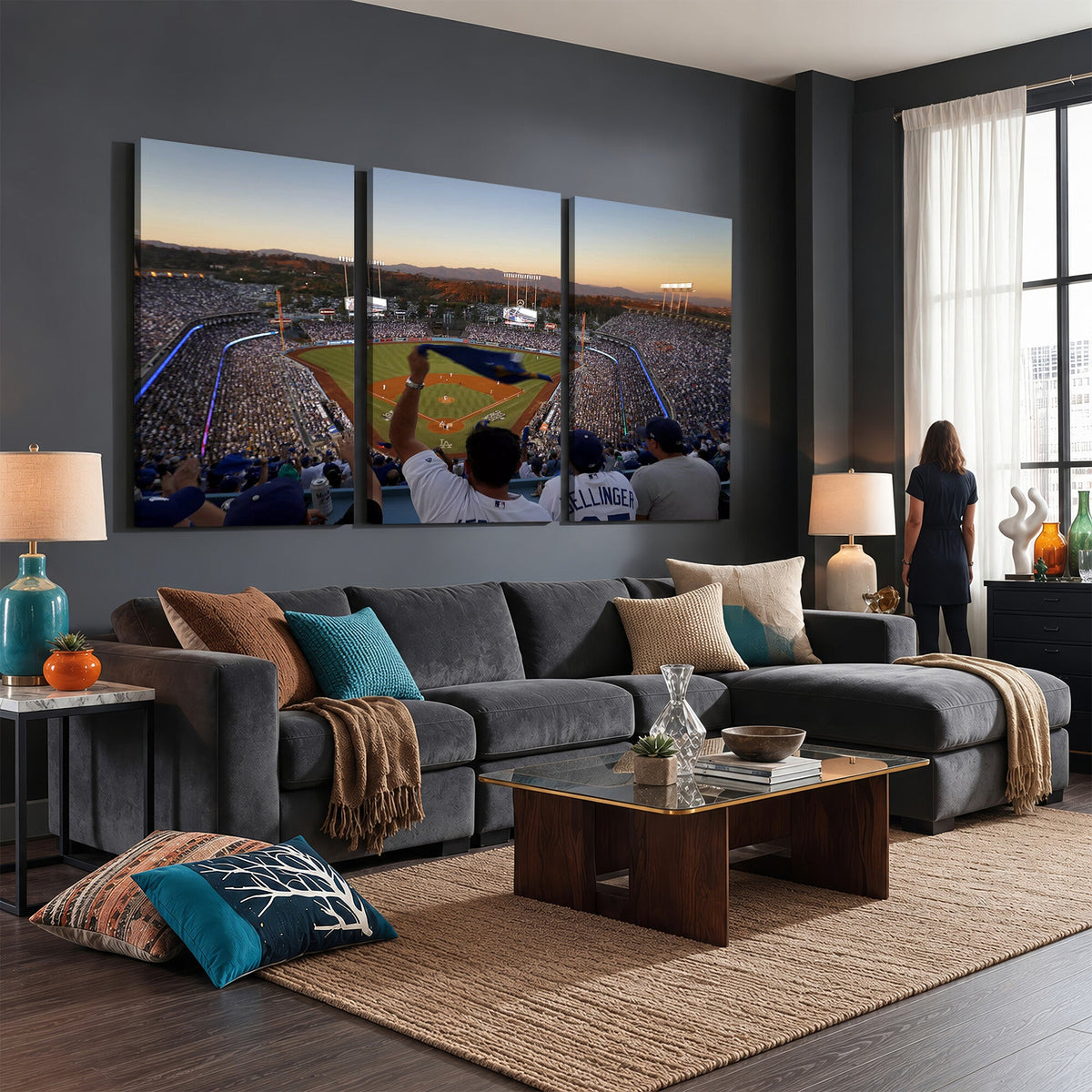 Dodger Stadium Sunset Game Triple Canvas Wall Art, Los Angeles Dodgers MLB Match