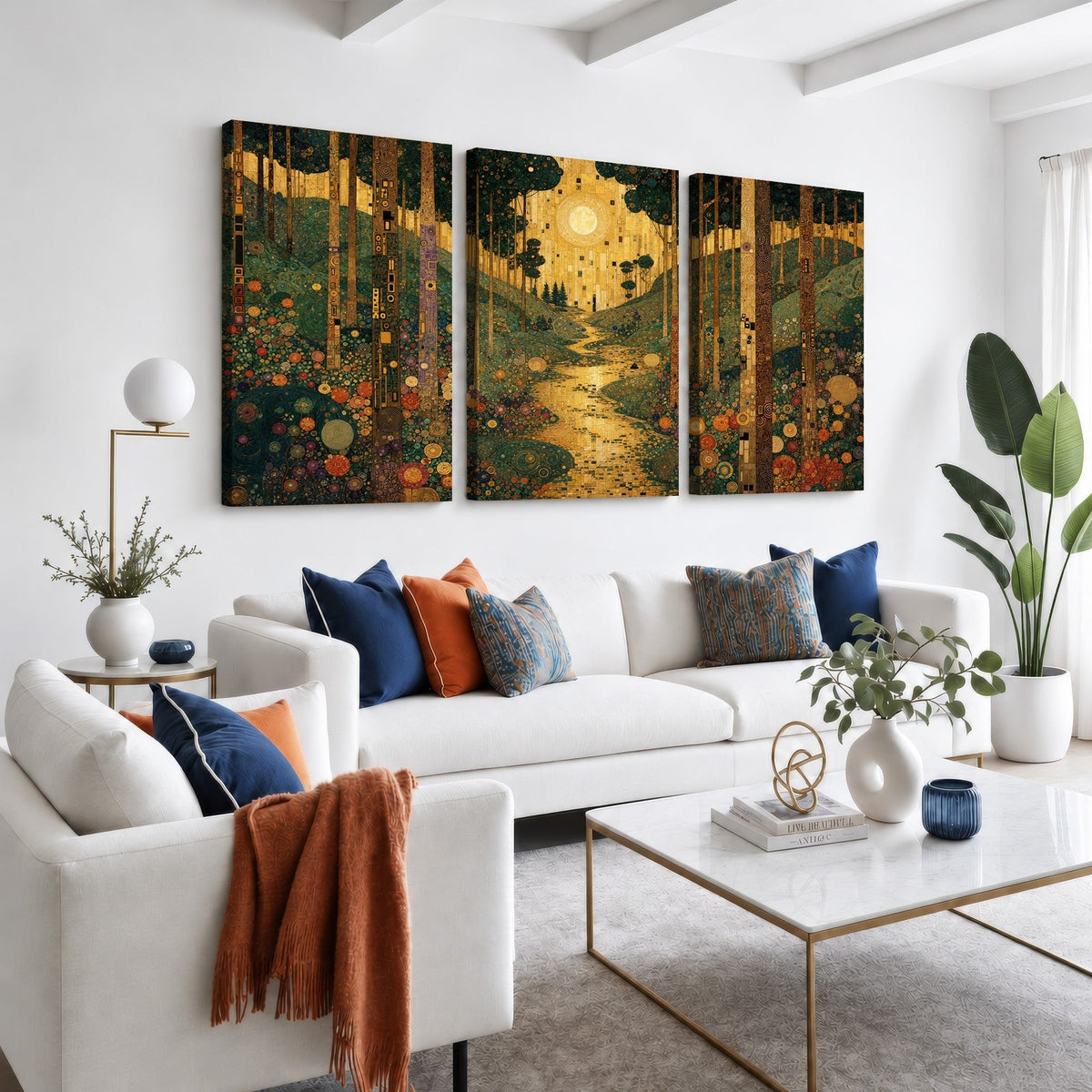 Gustav Klimt Style Forest Canvas Wall Art, Golden Forest Path Floral Art Nouveau Print