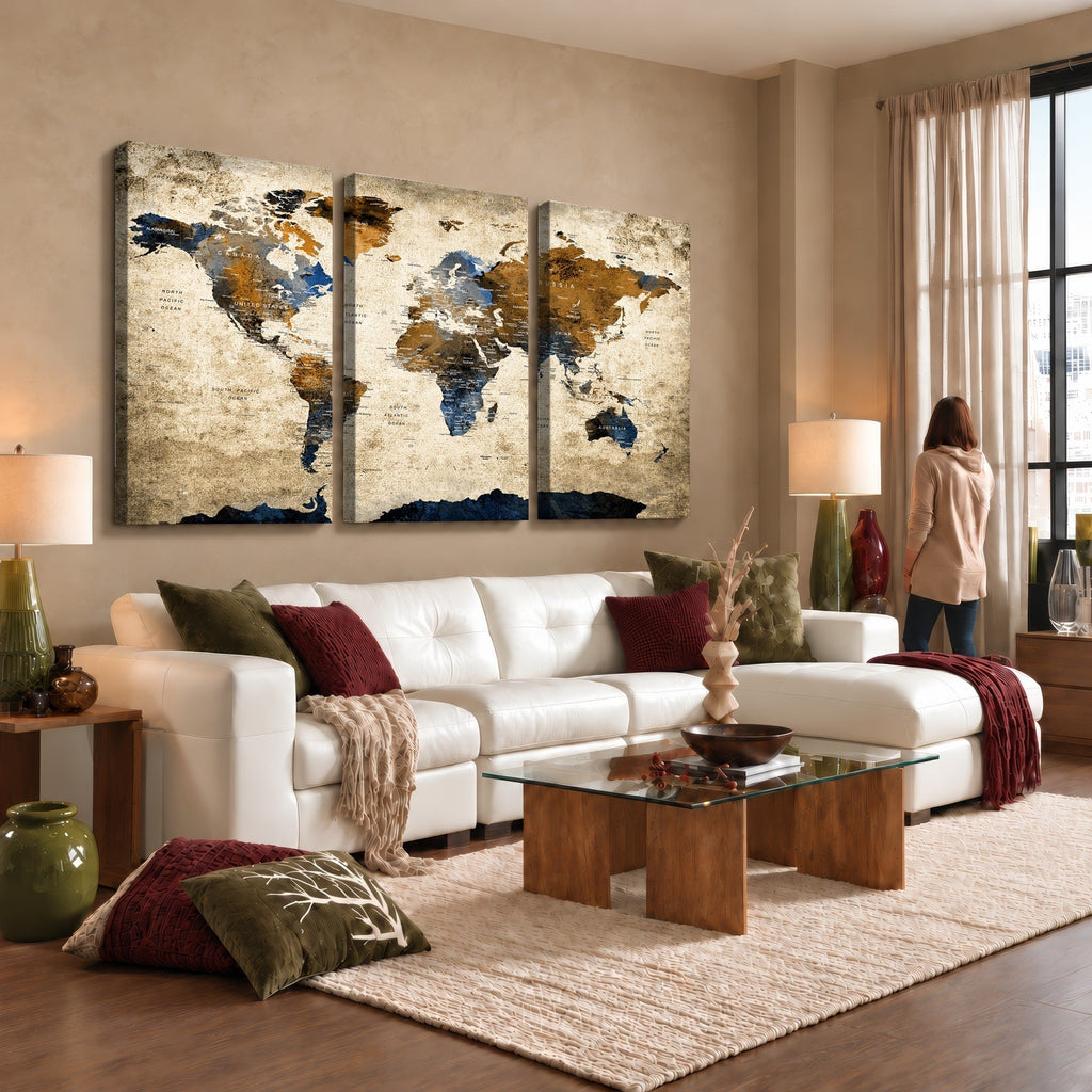 World Map Wall Art | Antique Style Blue and Brown Map Canvas Print