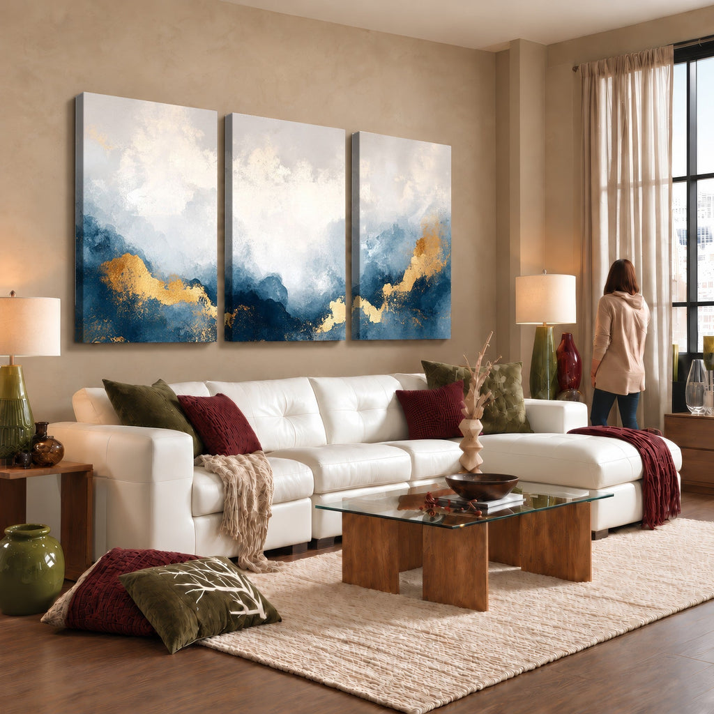 Abstract Blue and Gold Clouds Wall Art Canvas Print, Framed Modern Landscape Artwork
