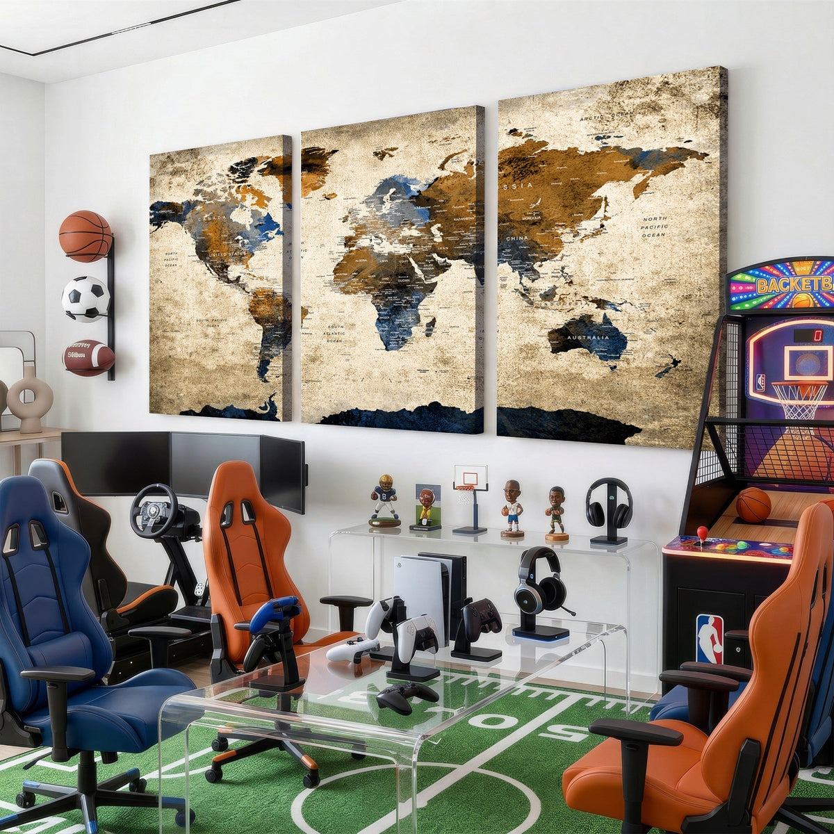World Map Wall Art | Antique Style Blue and Brown Map Canvas Print