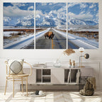 Bison Wall Art | Snowy Road Wall Art | Framed Mountain Landscape Canvas