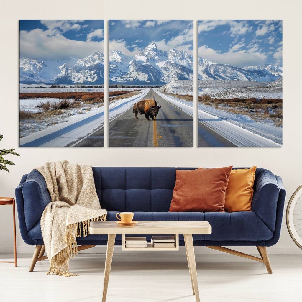 Bison Wall Art | Snowy Road Wall Art | Framed Mountain Landscape Canvas