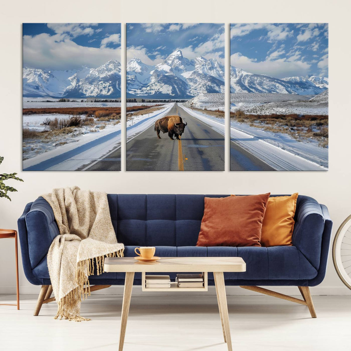 Bison Wall Art | Snowy Road Wall Art | Framed Mountain Landscape Canvas