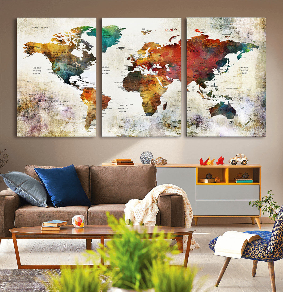 Watercolor World Map Canvas Print | Framed Travel Map Wall Art for Couples