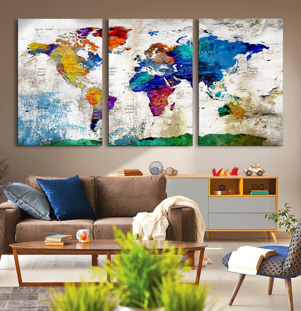 Navy Blue and Orange Watercolor World Map Canvas Print | Framed Travel Map