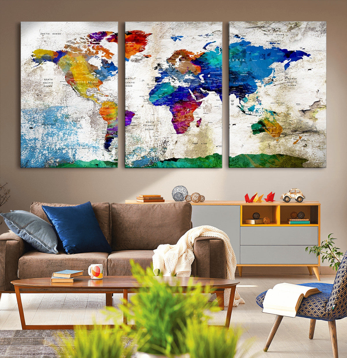 Navy Blue and Orange Watercolor World Map Canvas Print | Framed Travel Map