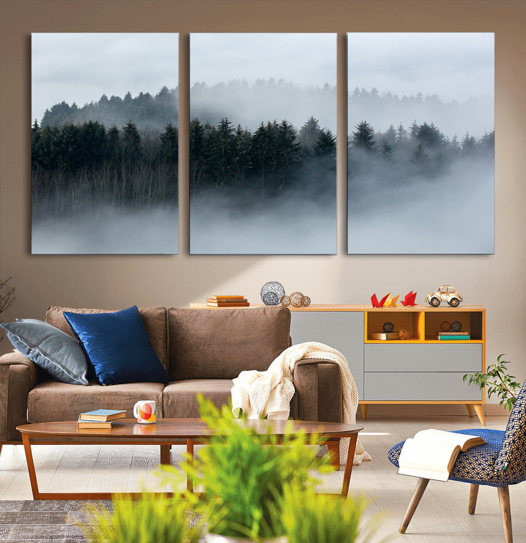 Autumn and Misty Trees in the Forest Wall Art Canvas Print, Foggy Forest Mountain Wall Art