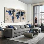 Vintage Blue World Map Canvas Wall Art | Antique Style Framed Map Print