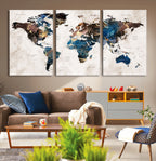 Abstract Earth Tone Blue World Map Canvas Print | Framed Travel Map Wall Art