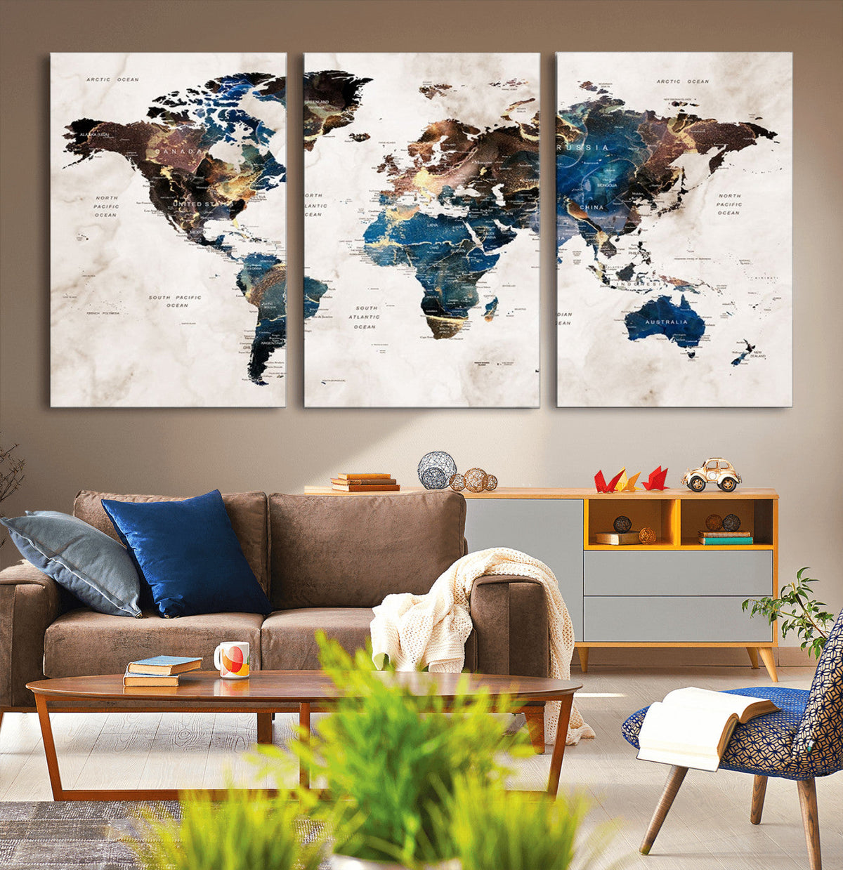 Abstract Earth Tone Blue World Map Canvas Print | Framed Travel Map Wall Art