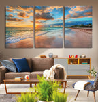 Sunset Beach Canvas Wall Art | Tropical Triptych Seascape Print