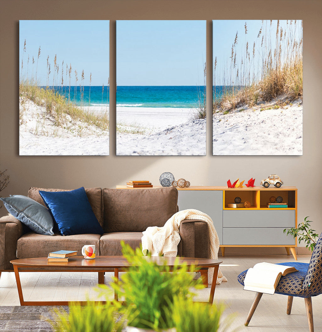 Serene Coastal Dune Path with Ocean View, 3-Panel Beach Canvas Wall Art