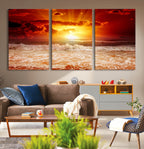 Red Sunset Ocean Beach Canvas Wall Art, Coastal Sunset Print